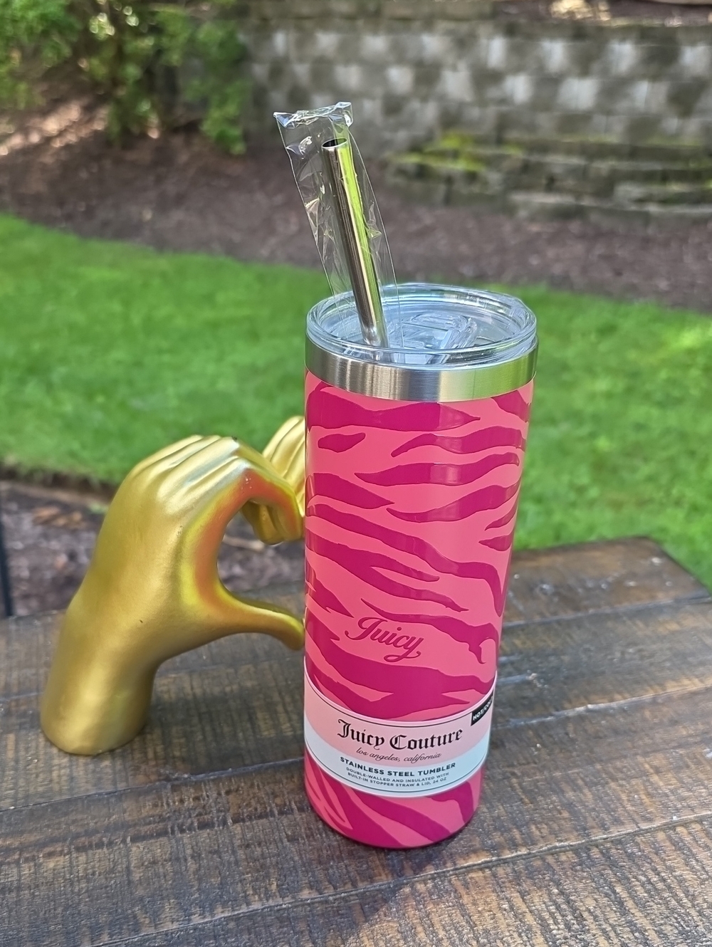 Juicy Couture Pink Zebra Print Stainless Steel Tumbler with Straw